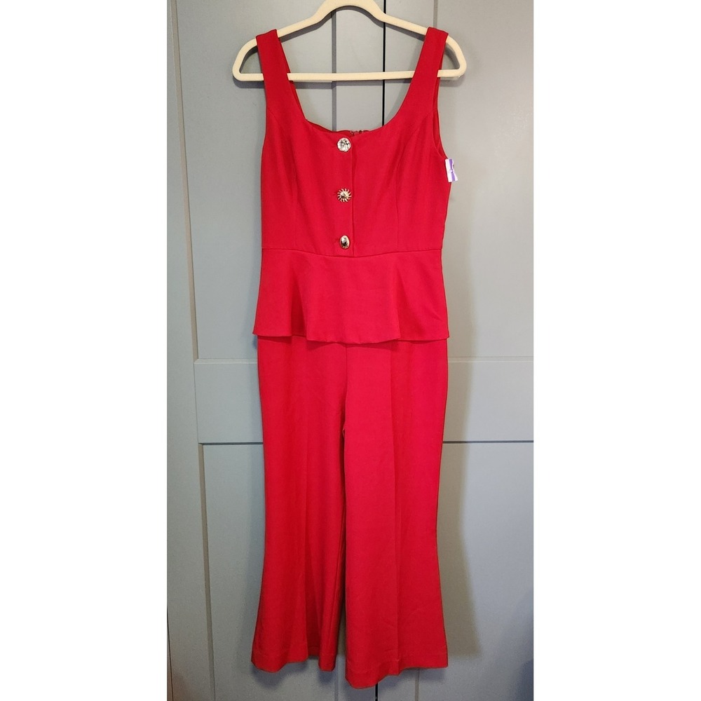 New Lipsy London Red Peplum Jumpsuit Women's US 6 / UK 10 Wide Leg Gold Buttons